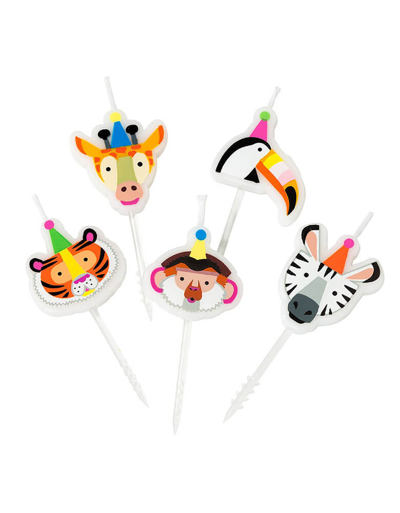 Momo Party's Mini Animal Birthday Candles by Talking Tables. Comes a set of 5 candles: 1x zebra, 1x monkey, 1x tiger, 1x giraffe, 1x toucan, use these candles into a birthday cake, cupcakes, brownies or donuts then light and make a wish. They're prefect for kid's animal themed birthdays like a "Wild One" first birthday or "Two Wild" second birthday party.