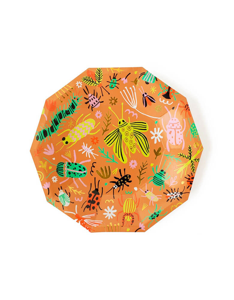 Momo Party's 7.5 inches Backyard Bug Plates by Daydream Society. Featuring neon bugs including beetles, ladybugs, flies, caterpillars, and earth tones, these small plates are perfect for your little bug enthusiast at your child's bug themed birthday party.