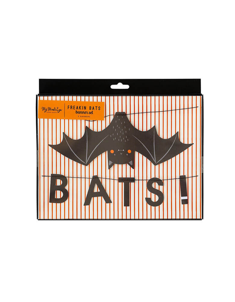 Momo Party's 6' Freakin' Bats Garland by My Mind's Eye. This banner set includes a spooky stitched bat banner and a stitched word banner featuring the phrase "It's freakin bats! I love Halloween." These banners create a frightfully fun scene and sure to drive your guests batty this Halloween.