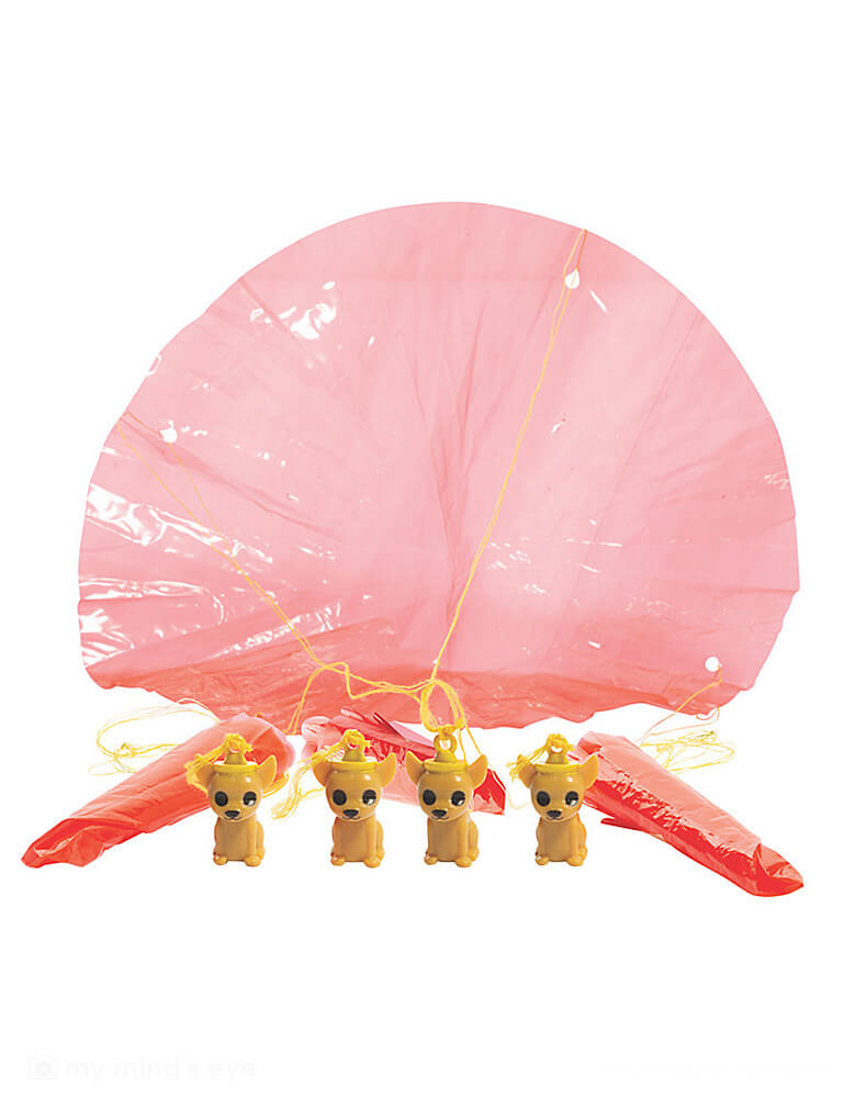 Momo Party's Chihuahua Dog Paratroopers by Fun Express. Drop these toys from a high height and the parachutes will open, allowing the chihuahuas to calmly float to the ground. A great lesson in gravity and air resistance, these paratroopers can help kids learn while playing.