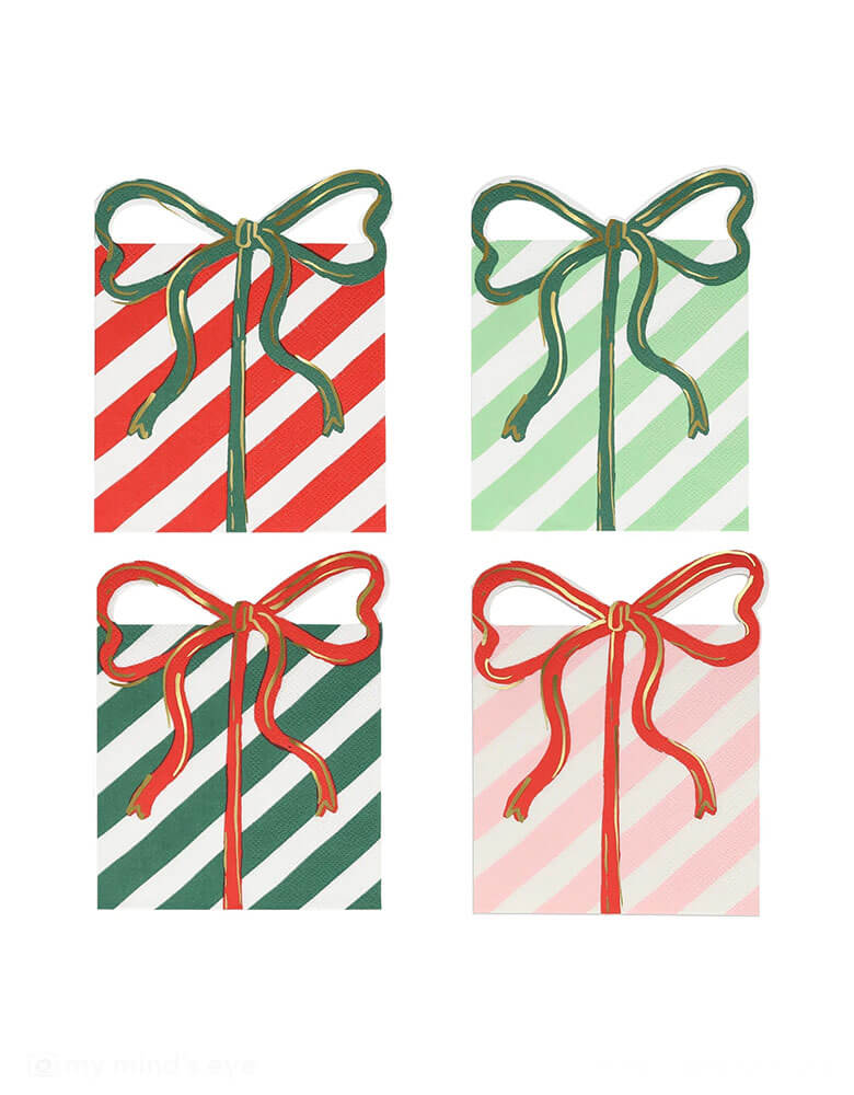 Momo Party's 5.25 x 6.5 inches Christmas present with bow shaped napkins by Meri Meri. Comes in a set of 16 napkins in 4 festive colors including red, pink, mint and green, these napkins with cut out bows, will make a stylish statement on your party table too. They're perfect for cocktail parties, festive drinks and meals.