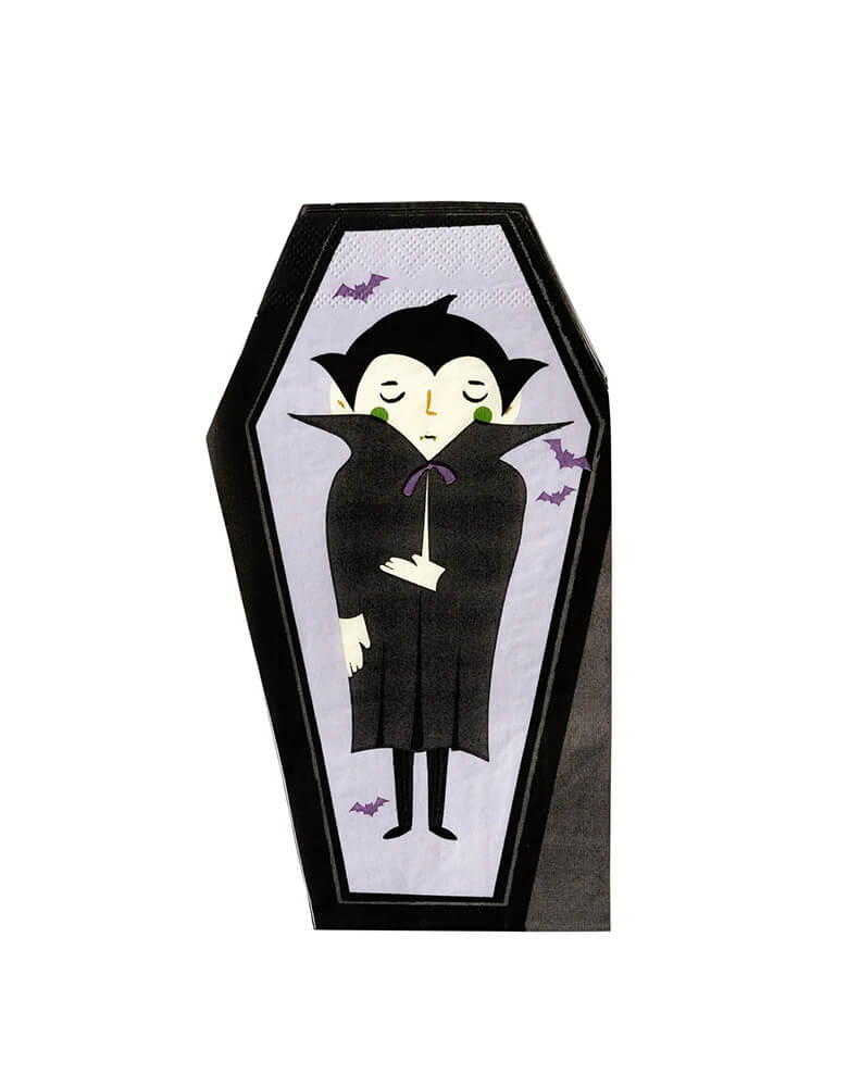 Momo Party's 4.25 x 7.75 inches Dracula coffin shaped napkins by My Mind's Eye. These lilac and black napkins are sure to bring a cute-yet-creepy vibe to any party, making them the perfect accessory for your Halloween festivities.