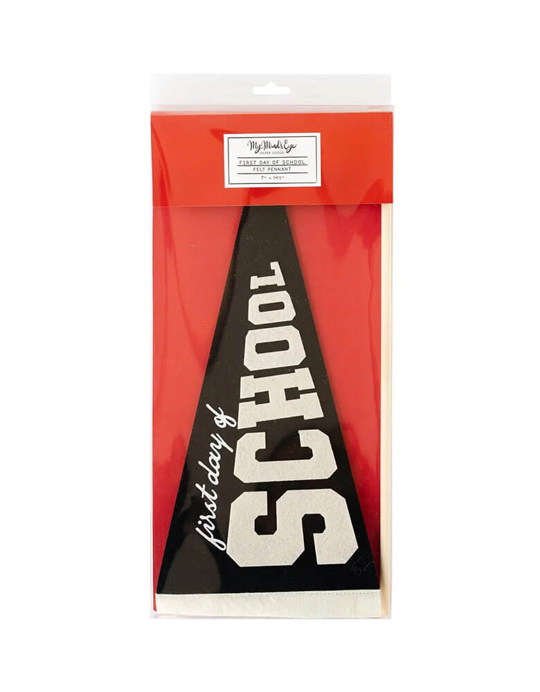 Momo Party's 14" first day of school felt pennant by My Mind's Eye. Featuring the celebratory phrase "first day of school," this felt banner will bring vintage vibes to first day of school photos, back to school breakfast parties or as the perfect desk decoration for your new favorite teacher!