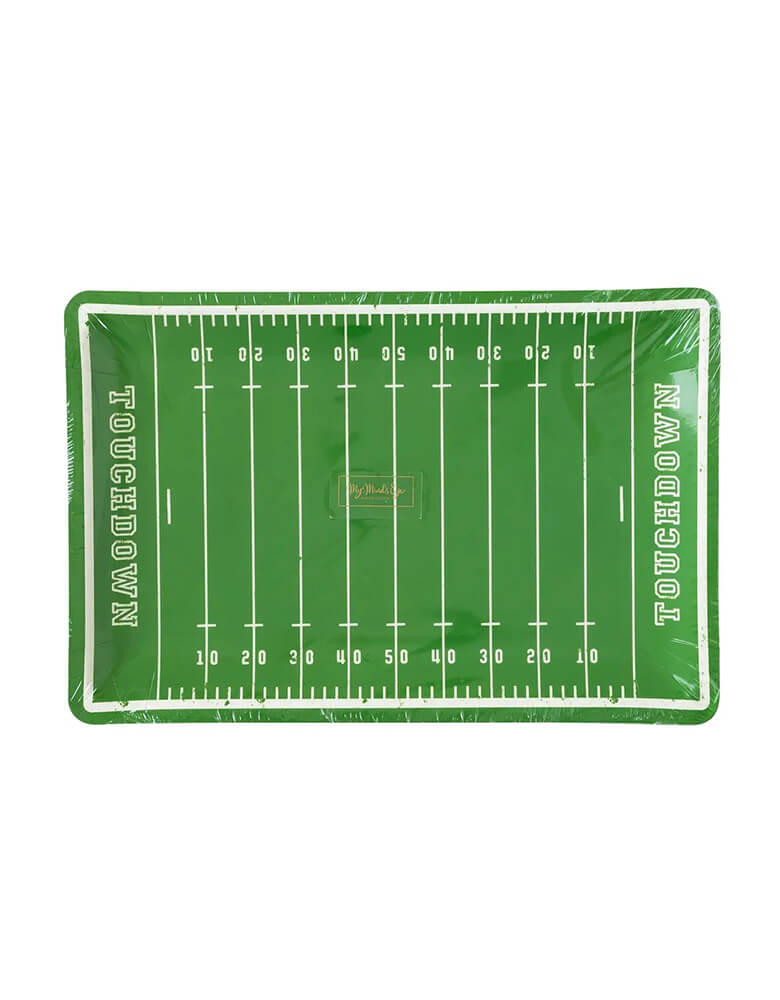 Momo Party's 7.25" x 11" football field shaped large plates by My Mind's Eye. These football field paper plates are feature a grid iron design that are the perfect way to make sure that your guests will have plenty of treats from kick off to the final whistle! They're perfect for a football watching party, a super bowl party, or a tailgate party.