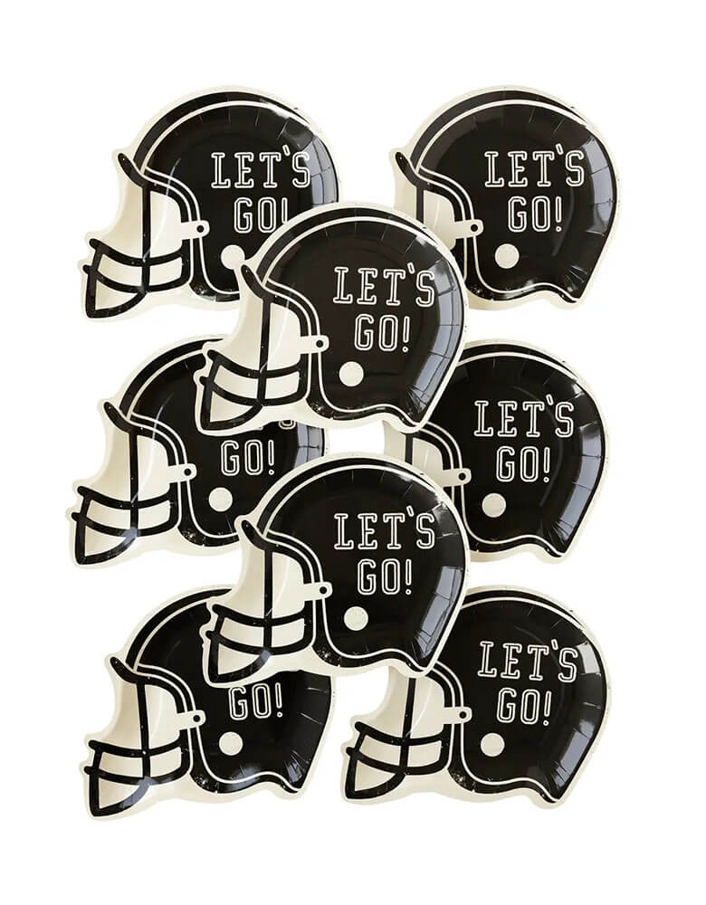 Momo Party's 8.5" x 10" black football helmet shaped plates by My Mind's Eye. Comes in a set of 8, die cut in the shape of a football helmet these party plates will bring team spirit to your next tailgate party or football watch party.