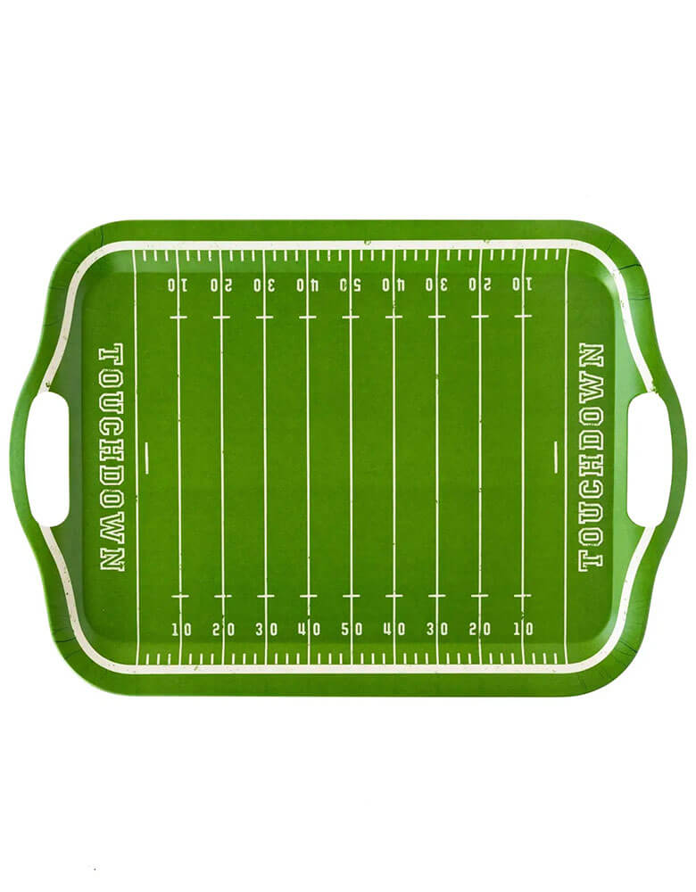 Momo Party's 16.5" x 11.5" Football Field Bamboo Reusable Tray by My Mind's Eye. Featuring a football field design, this reusable party tray is sure delight your guests while serving up fan favorite goodies like wings and hot dogs. Or show team spirit with side line snack served on this unique party tray! 
