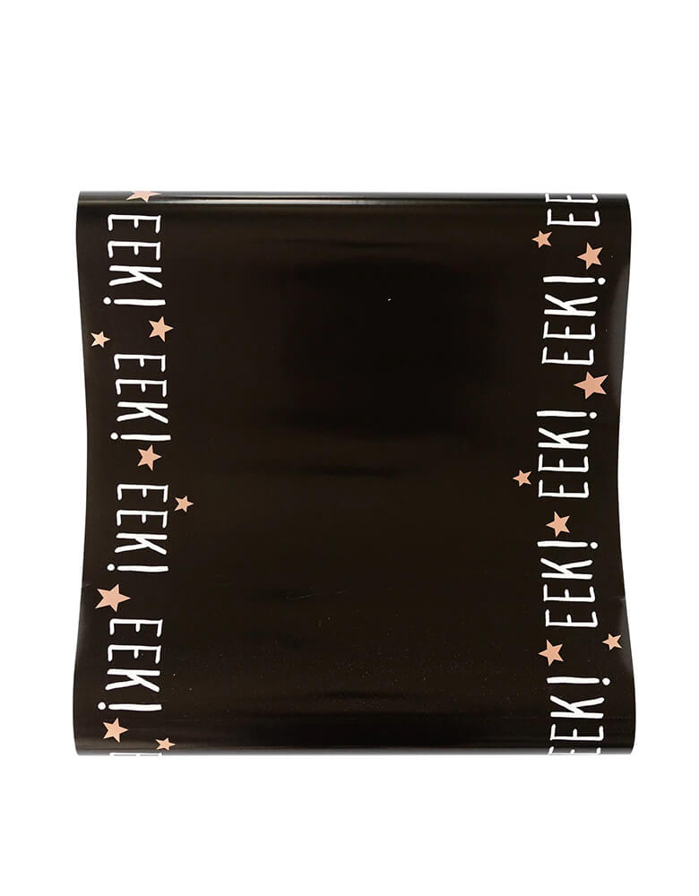 Momo Party's 16" x 10ft Frank & Mummy Eek! Table Runner by My Mind's Eye. Featuring the spooky phrase "Eek!' and copper foil stars this table runner is the perfect addition to the table at your Halloween gatherings.