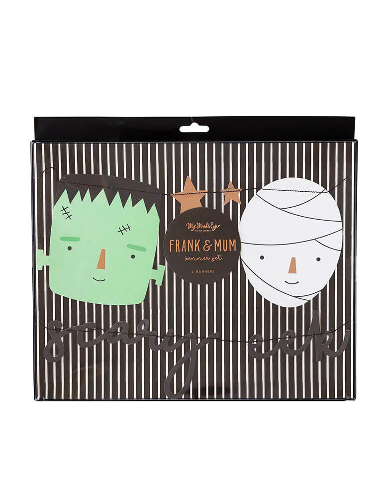 Momo Party's Frank & Mummy Garland Set by My Mind's Eye. Featuring spooky best friends, copper foiled stars, and a stitched word banner, these banners a sure to be a frightful delight at your Halloween parties!