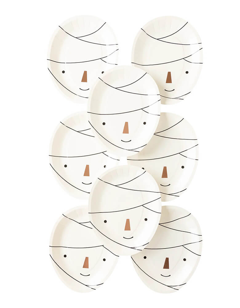Set of 8 Momo Party's 8 x 10" Frank & Mummy Mummy Shaped Paper Plates by My Mind's Eye. Shaped to resemble a frightfully friendly mummy these party plates add a whimsical touch to kid friendly Halloween parties or even late night terrifying movie night with the ghouls!