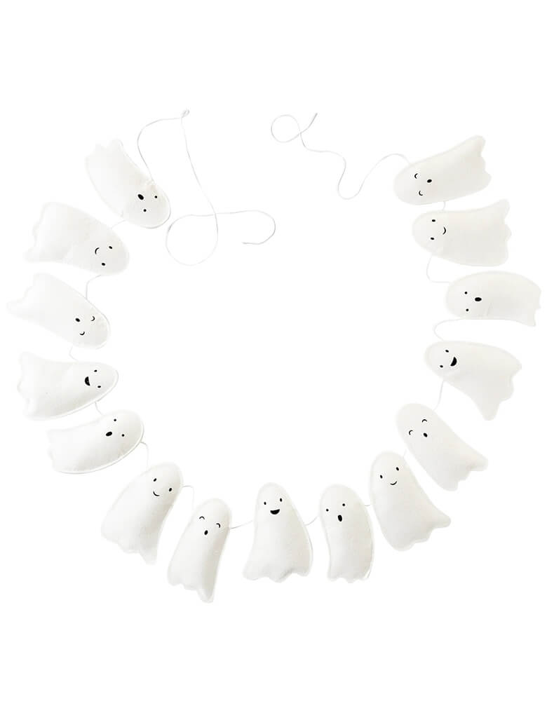 Momo Party's 6 ft ghost shaped puffy felt banner by My Mind' Eye. Bring an extra spooky touch to your Halloween decor with this Ghost Puffy Felt Banner! Hang this cute handmade banner in your home for a spooky-cute addition that will make your inner ghoulie happy.