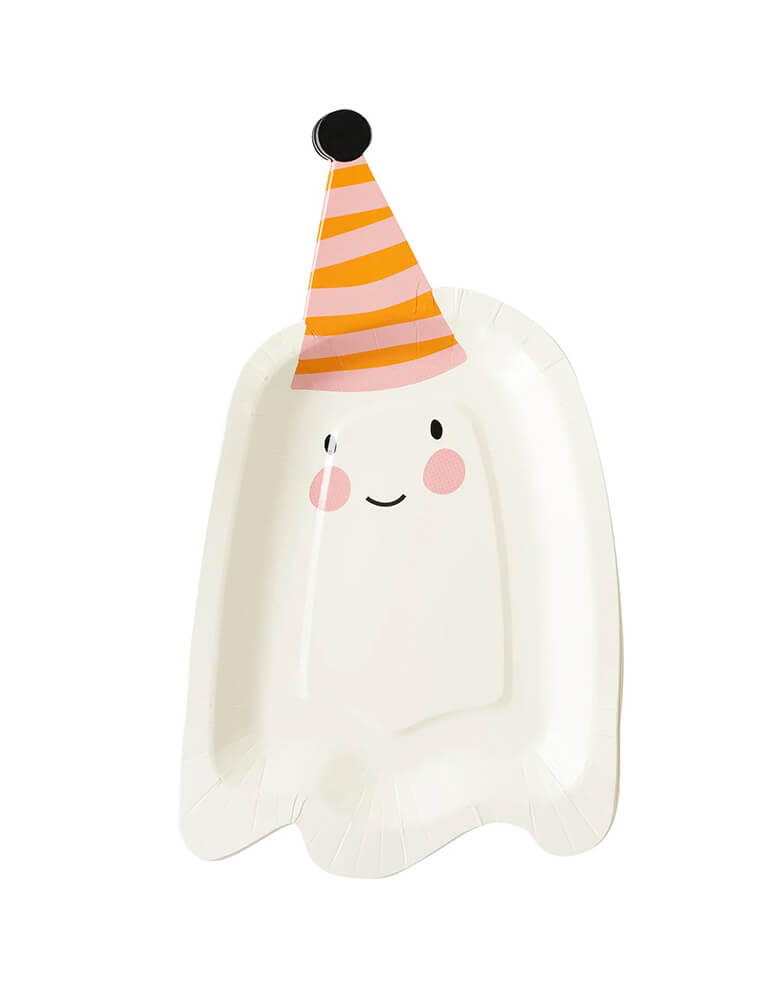 Momo Party's 11.5" x 6.5" Ghoul Gang ghost shaped paper plates by My Mind's Eye. Die cut in to a ghost shape, with an adorable design and a party hat on the smiley ghost,  these shaped party plates are perfectly sized for a midnight Halloween feast with the ghouls at your kid's friendly Halloween bash!