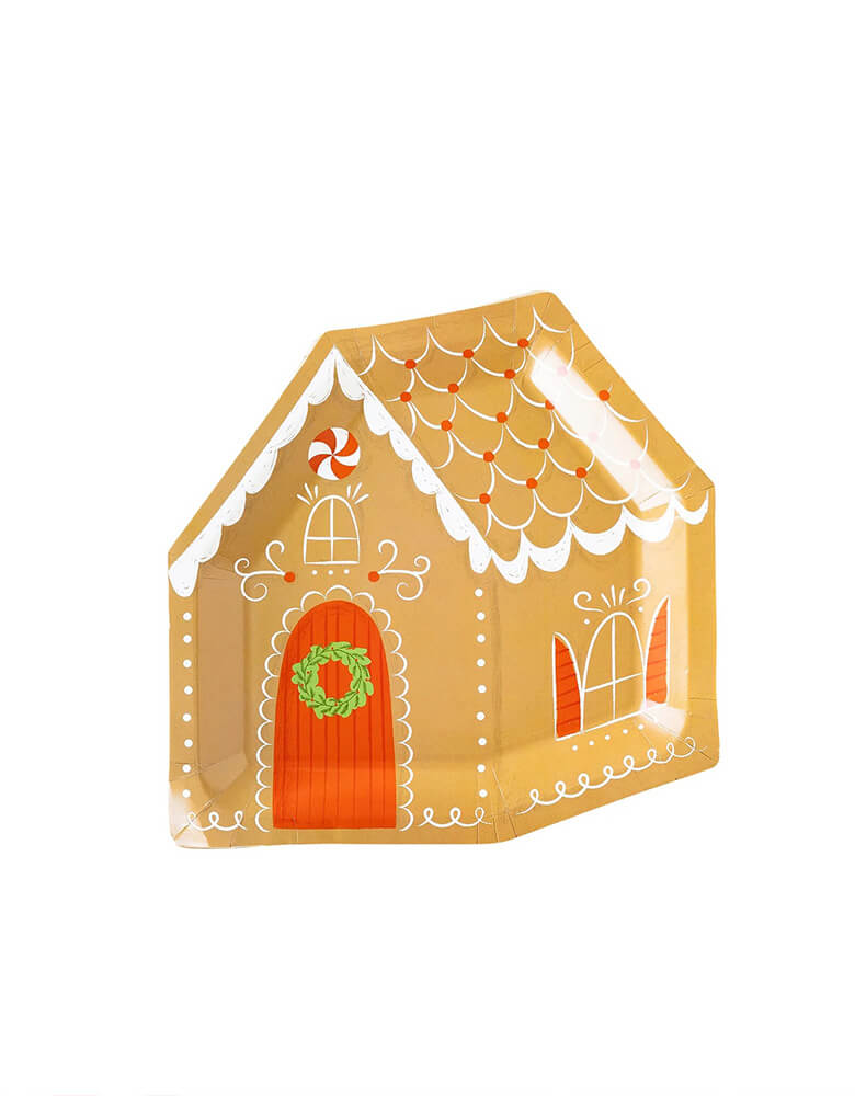 Momo Party's Gingerbread House Shaped Plates by My Mind'e Eye. Comes a set of 8 plates, featuring an adorable red door and frosted white accents, these dinner sized paper plates perfect for a jolly breakfast on Christmas morning, or kid's gingerbread house building party!