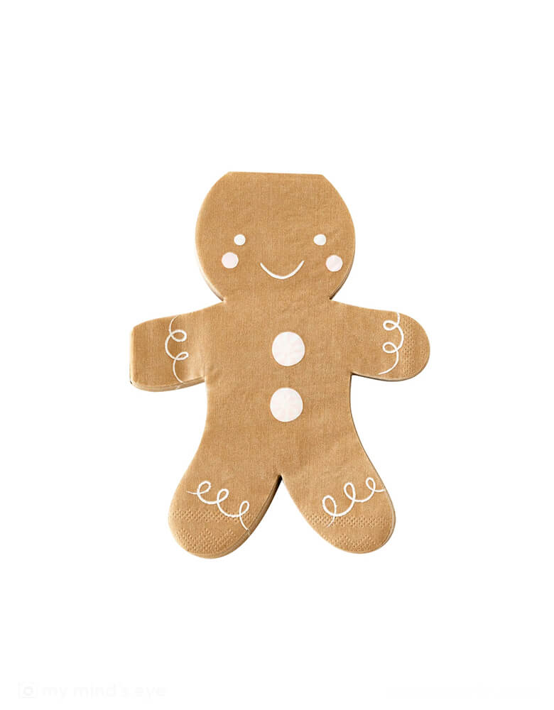 Momo Party's 4.25 x 7.75 inches gingerbread man shaped party napkins by My Mind's Eye. Featuring an adorable smiley gingerbread man, comes in a set of 24 napkins, these party napkins are a dinner size napkin, so they make a festive addition to a gingerbread themed place setting. And they are big enough to handle mishaps when you are hosting a gingerbread decorating party for friends and family.