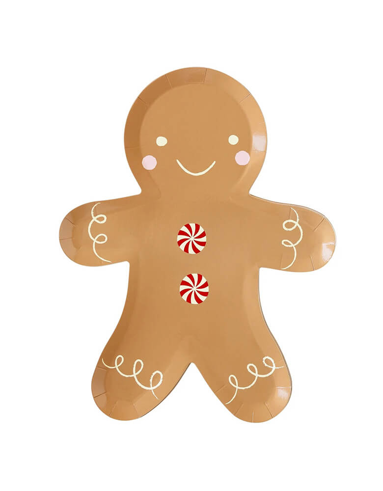 Momo Party's 9.3 x 12 inches gingerbread man shaped plates by My Mind's Eye. Shaped like a traditional gingerbread man, these paper plates are a magical addition to any holiday party. And they are the perfect way for your guest to hold their Christmas goodies while decorating their gingerbread houses!