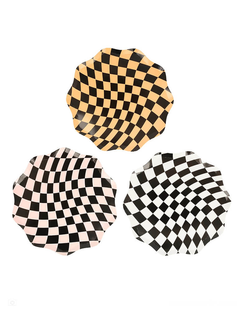 Momo Party's 8.5" Halloween Checker Side Plates by Meri Meri. Comes in a set of 8 plates in three colors - the combination of orange, white and pink, with a swirling checkered pattern, gives a fabulous 60s psychedelic vibe. They're perfect for parties for all ages, and can be mixed and matched with your other Halloween tableware.