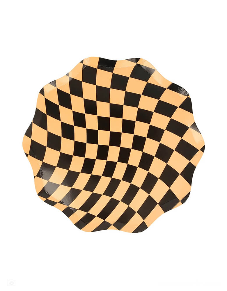 Momo Party's 8.5" Halloween Checker Side Plates by Meri Meri. Comes in a set of 8 plates in three colors - the combination of orange, white and pink, with a swirling checkered pattern, gives a fabulous 60s psychedelic vibe. They're perfect for parties for all ages, and can be mixed and matched with your other Halloween tableware.
