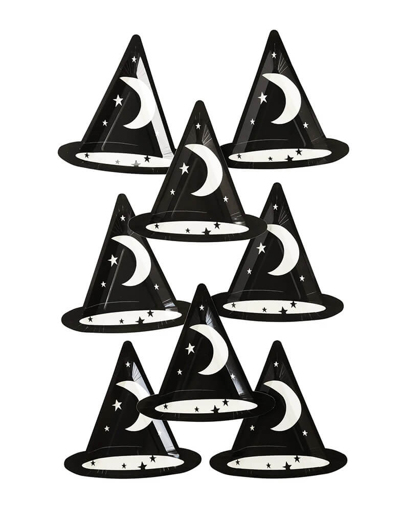 Momo Party's 9" Witching Hour Witches Hat Shaped Plates by My Mind's Eye. Comes in a set of 8 plates, die cut in the shape of a whimsical witches hat, these party plates add a perfect magical touch to the table at your Halloween parties this fall.