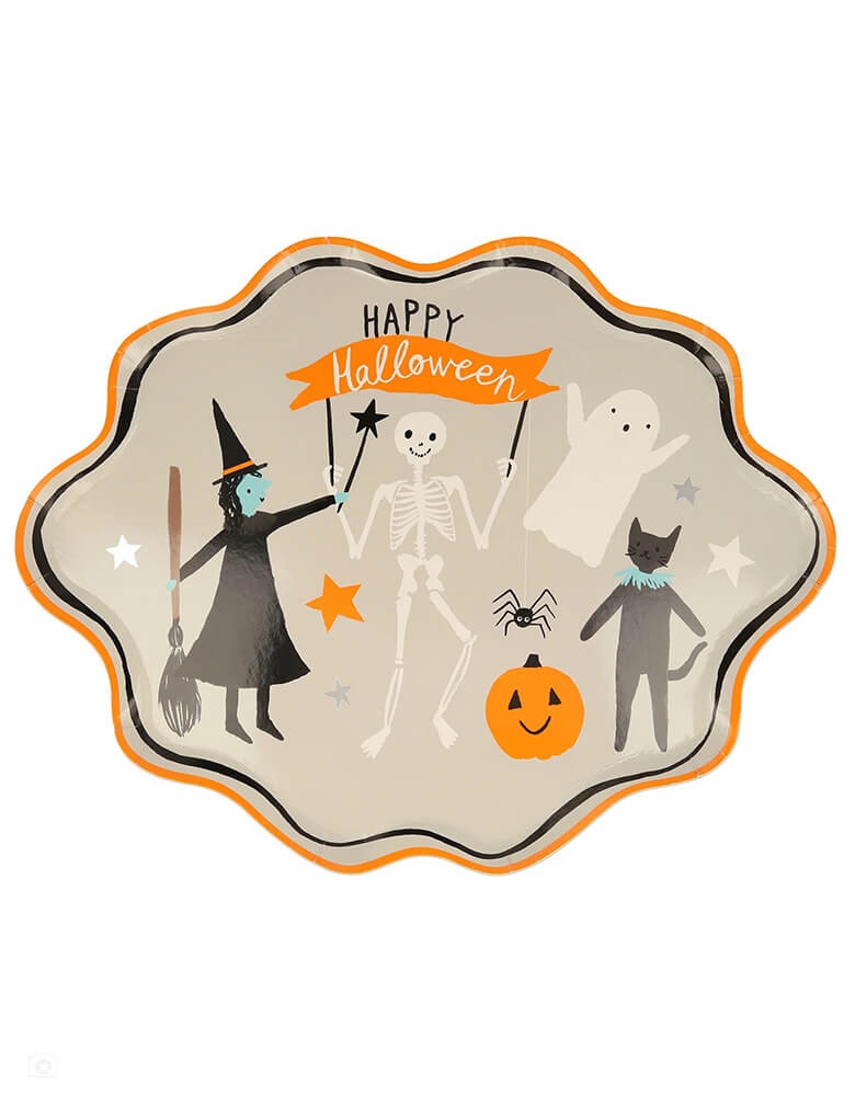 Momo Party's Large Happy Halloween Plates by Meri Meri. Comes in a set of 8 large plates, these wavy edged large plates, featuring friendly characters including a witch, ghost, black cat, skeleton, spiders and pumpkins, are perfect for all ages.