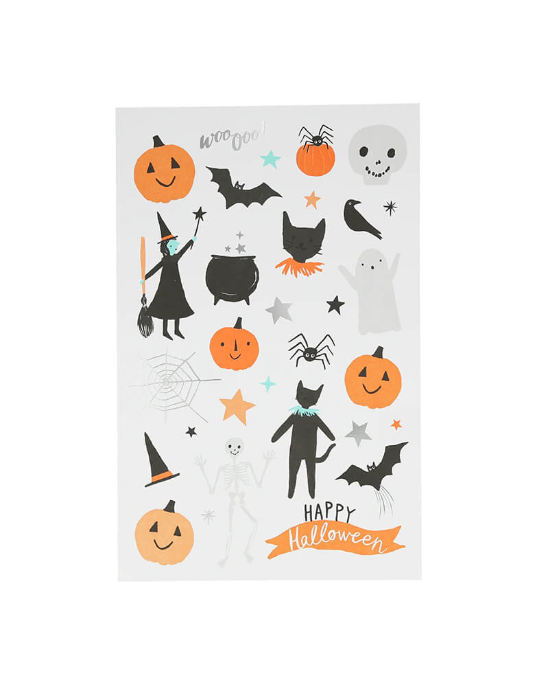 Momo Party Happy Halloween Temporary Tattoo Sheets by Meri Meri. Featuring pumpkins, witches, witch's brew, bats, spiders, skeletons, skulls, and ghosts, these temporary tattoos are ideal for a Halloween activity, to pop into party bags, or for rainy day or sleep-over fun.