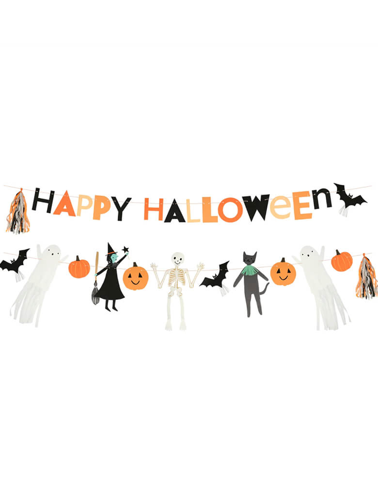 Momo Party's 7' Happy Halloween garland set by Meri Meri featuring Paper tassels made with shiny silver, orange, black and white crepe paper and silver metallic thread White tissue paper streamers on the ghosts Bamboo wand for the witch to hold, simply attach to the double sided tape on the witch's hand Mint raffia fringe on the cat White honeycomb tissue paper on the skeleton legs. Perfect for kid's friendly non-spooky Halloween celebration!