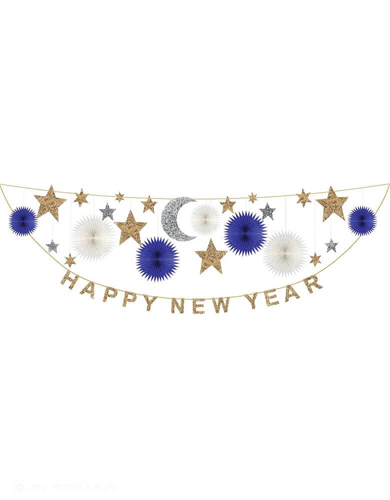 Momo Party's 8ft Happy New Year Celestial Party Garland by MERI MERI. Featuring lots of glitter, and 3D Navy and white honeycomb star fans, with chunky gold glitter fabric stars and letters chunky silver glitter fabric stars and moon on a gold metallic cord, it's all you need to make your New Year party look out of this world.