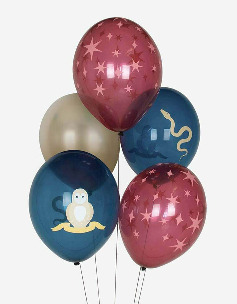 Momo Party's 11" Wizard Themed latex balloon mix. Comes in a set of 5 balloons in 3 colors of navy, red and gold, these set of 5 latex balloons with wizard themed design is perfect for a wizard themed birthday or Harry Potter themed Halloween bash. 