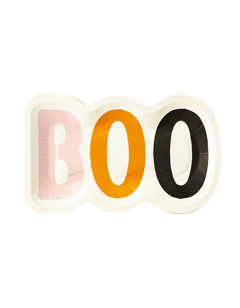 Momo Party's 10" x 7" Boo shaped plates by My Mind's Eye. Die cut and featuring the frightful sentiment "BOO" in a bright whimsical color palette of orange, pink and black, these plates are sure to delight the ghosts and goblins at your table this Halloween.