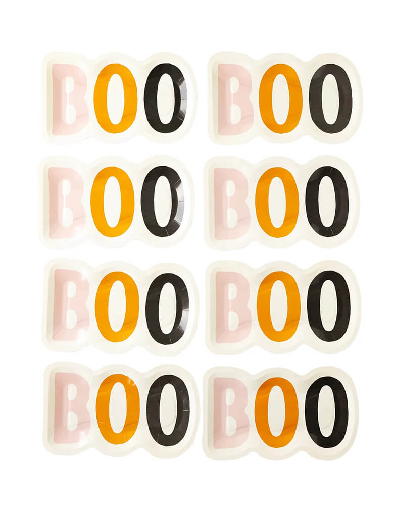 Momo Party's 10" x 7" Boo shaped plates by My Mind's Eye. Comes in a set of 8 plates, die cut and featuring the frightful sentiment "BOO" in a bright whimsical color palette of orange, pink and black, these plates are sure to delight the ghosts and goblins at your table this Halloween.