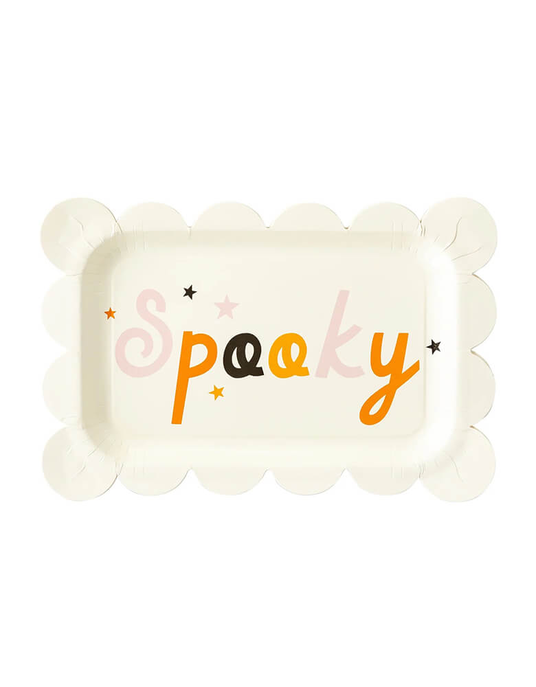 Momo Party's 11.5" x 7.5" Spooky paper plates by My Mind's Eye. Featuring the sentiment "Spooky," in bright a bright modern Halloween color palette of pink, orange and black with sparkling stars around and scalloped edges, these plates are a spooktacular addition to ghouls nights in or not so scary kids Halloween parties.