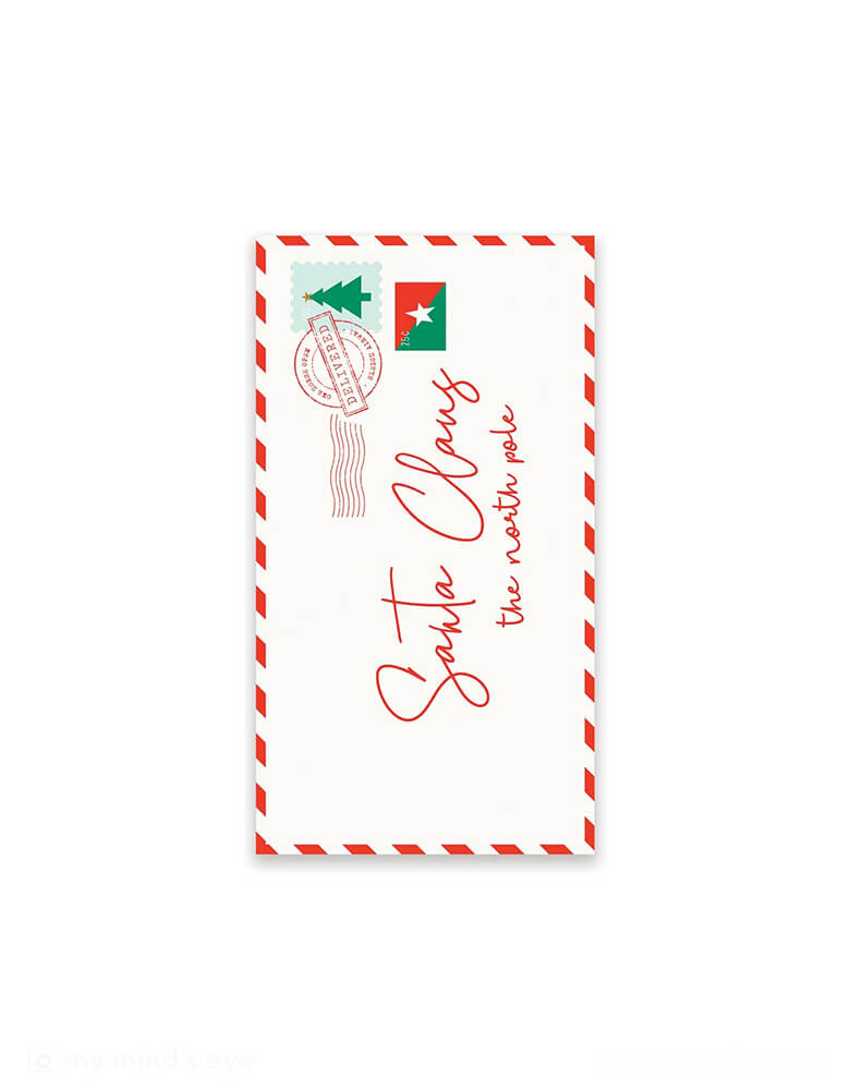 Momo Party's 4.25 x 7.75 inches Letter for Santa Envelope shaped dinner napkins by My Mind's Eye. Stamped with letters to Santa, these adorable napkins are perfect for those on the nice list.