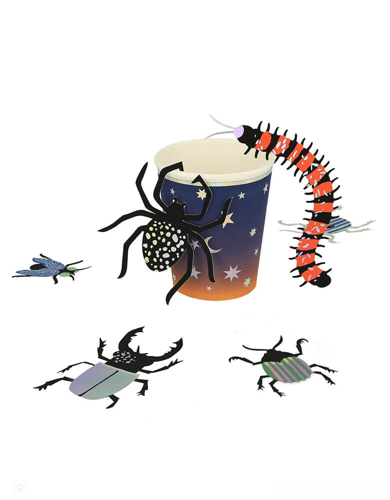 Momo Party's making magic bug shaped paper confetti by Meri Meri. Comes in a set of 45 pieces in 9 designs including beetles, roaches, flies and centipedes. This eerie set of confetti is perfect for a spooky wizard witch themed Halloween party or a kid's insect bug themed birthday party.