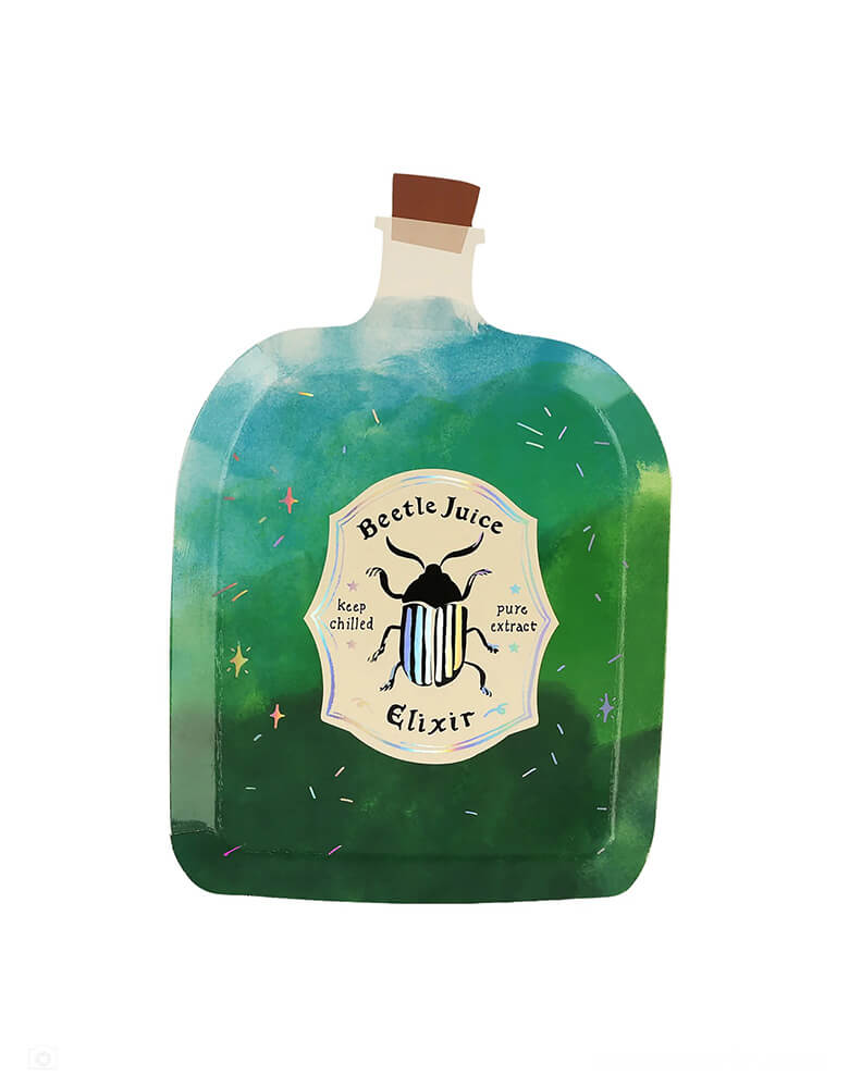 Momo Party's 6.25 x 9.25 inches potion bottle shaped plates by Meri Meri. Comes in a set of 8 plates in four different colors and designs including wizards brew, dragon's breath, owl tears and beetle juice, these plates are perfect for wizard and witch parties, Halloween parties, or whenever you want to add an extraordinary effect to any celebration.