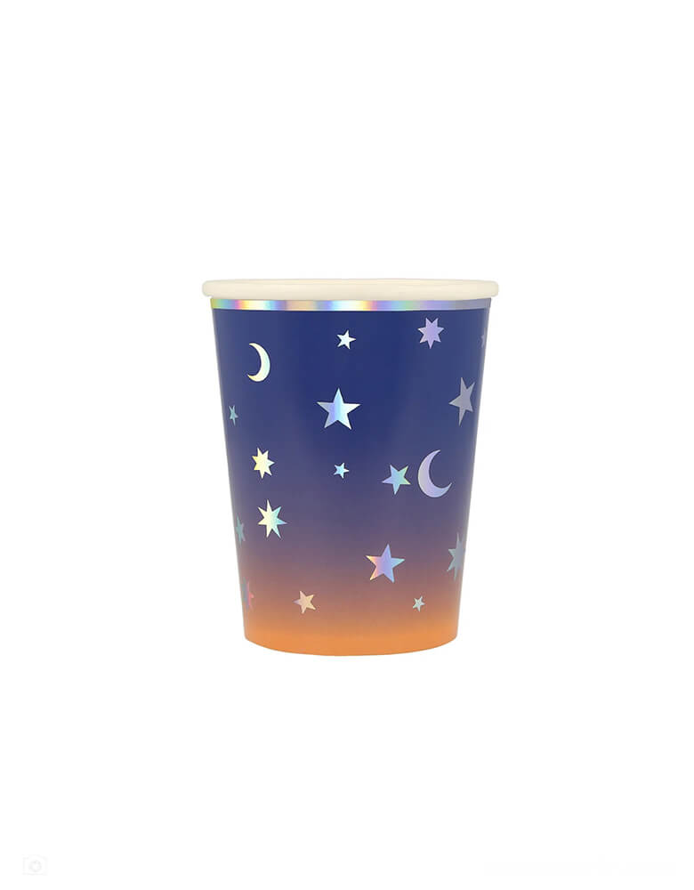 Momo Party's 9 oz Make Magic Stars Party Cups by Meri Meri. Comes in a set of 8 cups, these on-trend ombre cups magically capture the night sky, making them ideal for your extraordinary celebration. They're perfect for witch or wizard parties, Halloween or an enchanted evening.