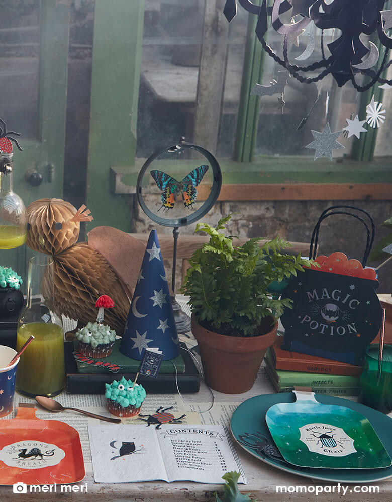 A witch and wizard party table set up featuring Momo Party's making magic party supplies collection by Meri Meri including potion bottle shaped plates, wizard spell book napkins, witch cauldron shaped party bags, owl honeycomb decoration, night ombre napkins and cups with moon and stars on them, and bug confetti scattered on the table, makes it a great inspiration for kid's harry potter themed party or a Halloween witch and wizard themed bash.