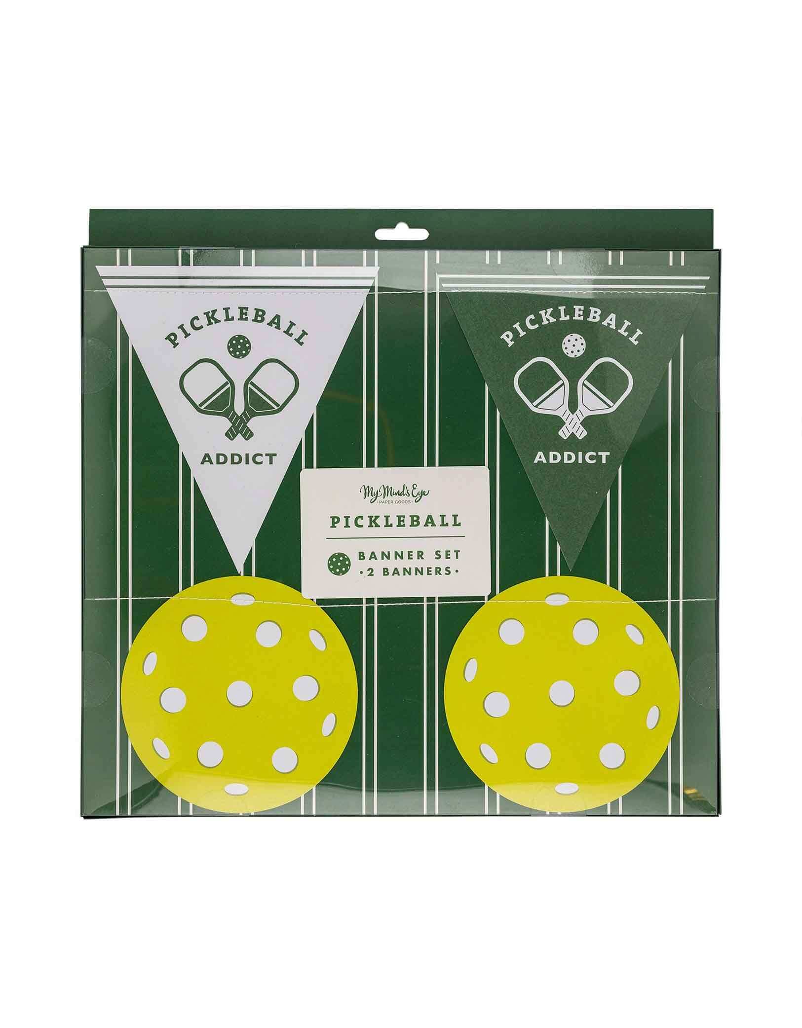 Momo Party's packaged pickleball party banner set with green background and yellow balls by My Mind's Eye on a white background.
