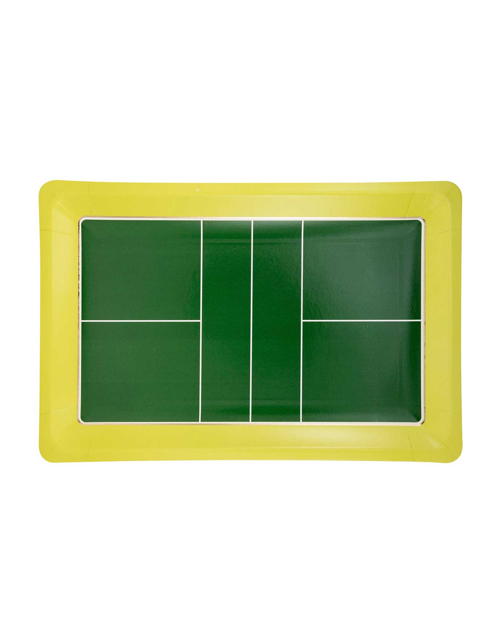 Momo Party's 11" x 7.25" yellow border with green center Pickleball Court Shaped Paper Plate by My Mind's Eye on a white background.