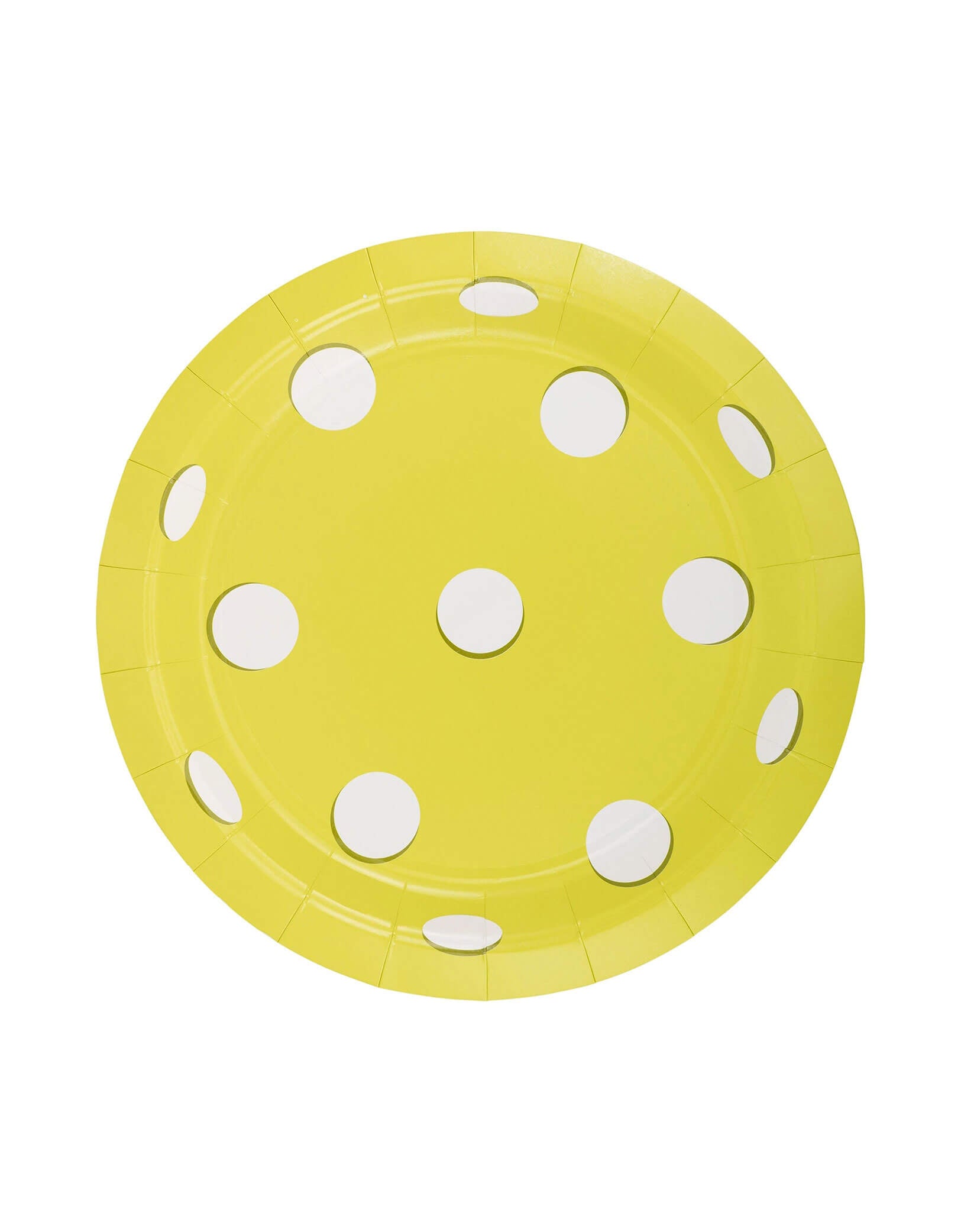 Momo Party's 9" Yellow Pickleball Shaped Paper Plate with white polka dots by My Mind's Eye on a white background.