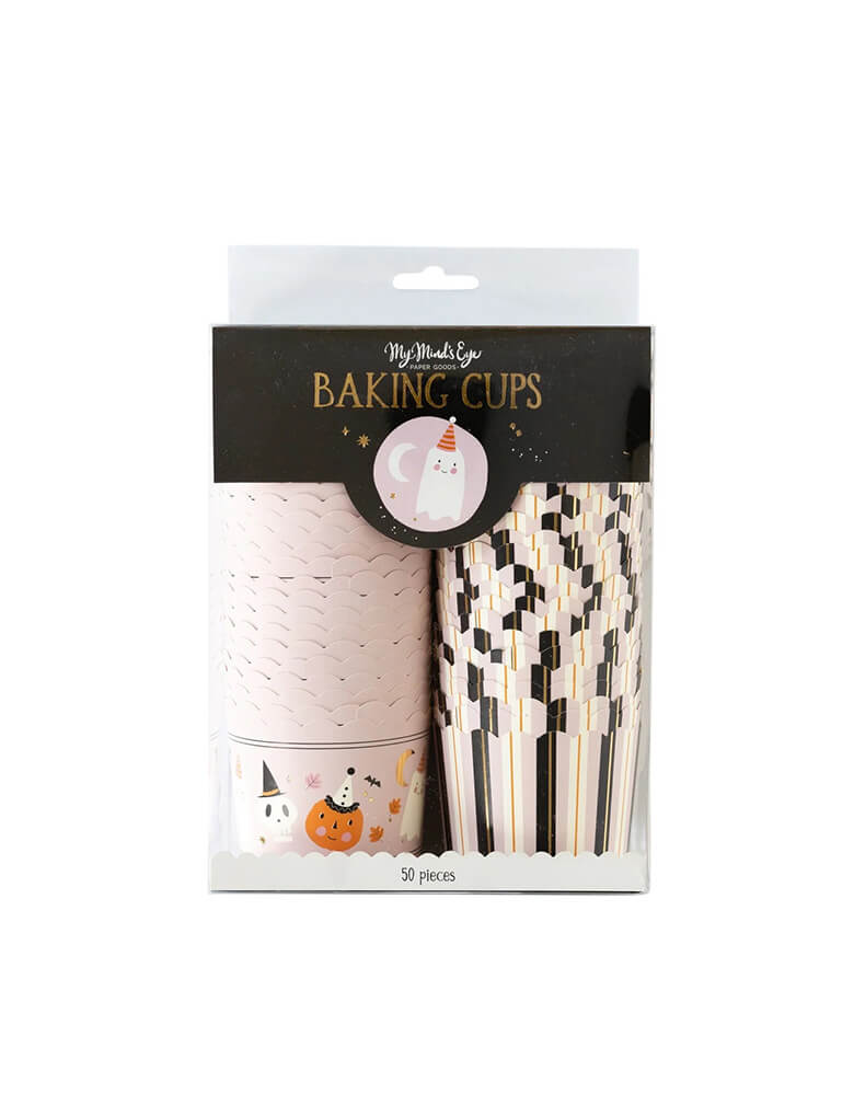 Momo Party's Foiled Party Guys Food Cups by My Mind's Eye. Comes as a set of 50 food cups, these baking cups are great additions to your pink Halloween bash. They are perfect for baking cupcakes right in the oven. But don't limit yourself, there are so many great uses for them: add candy and wrap in cellophane for a neighbor gift or party favor, cut up veggies and add dip for the perfect hors d'oeuvres at a party, bake mini quiche, or fill with fun Halloween snacks!