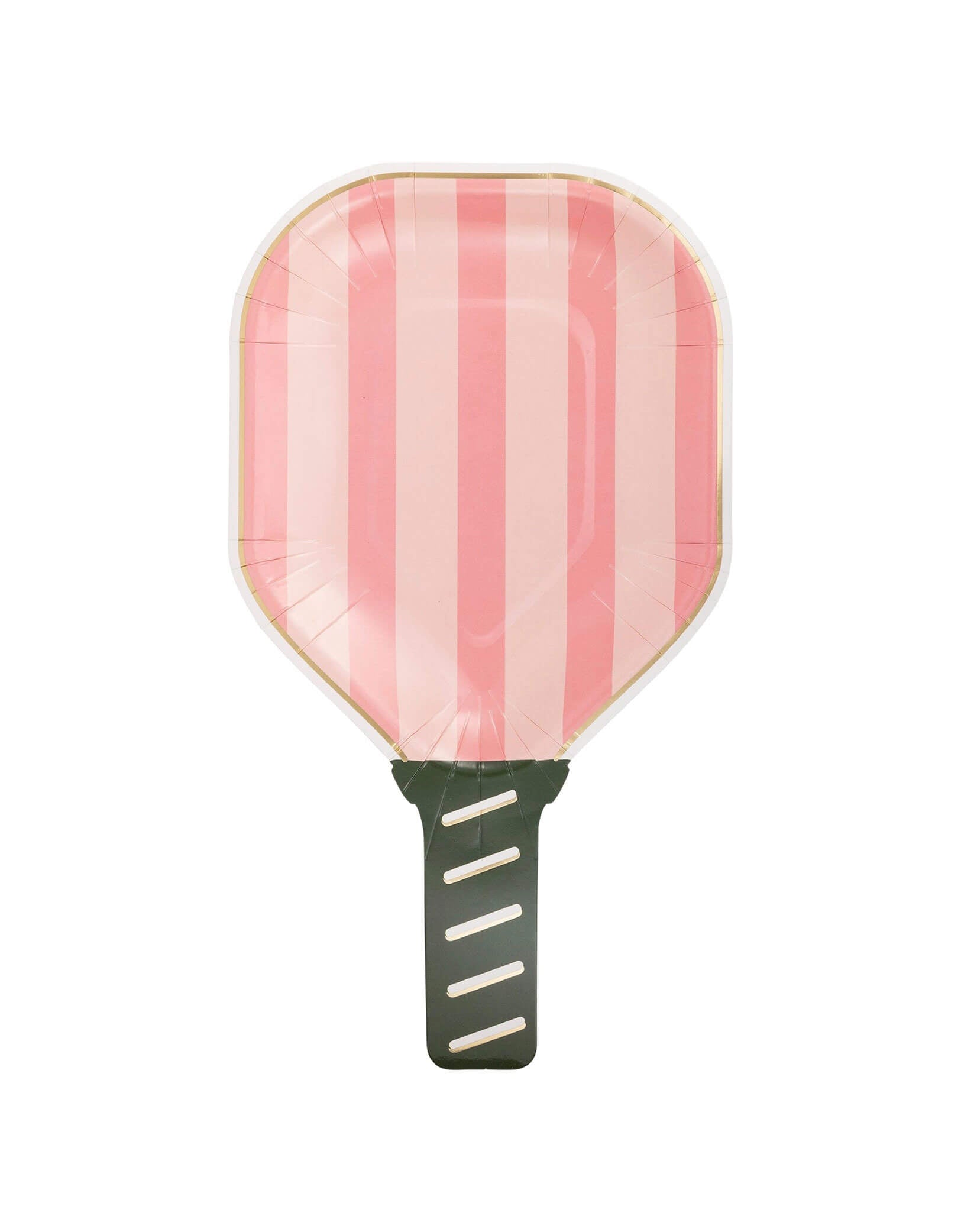 Momo Party's 6" x 10" pink striped pickleball paddle with a green handle shaped plate by My Mind's Eye on a white background.