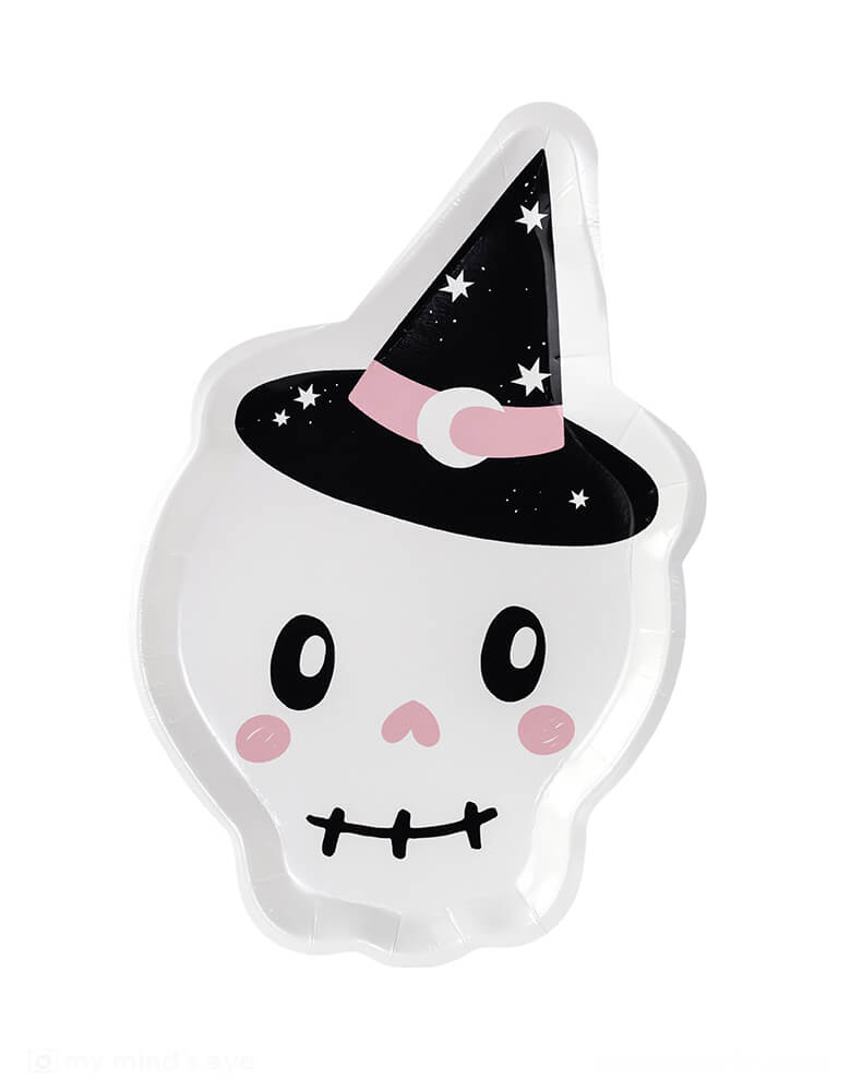 Momo Party's 7" x 10.6" pink skull shaped plates by Party Deco. Die-cut for a perfect skull shape, these plates are perfect for a kid-friendly pink Halloween bash.