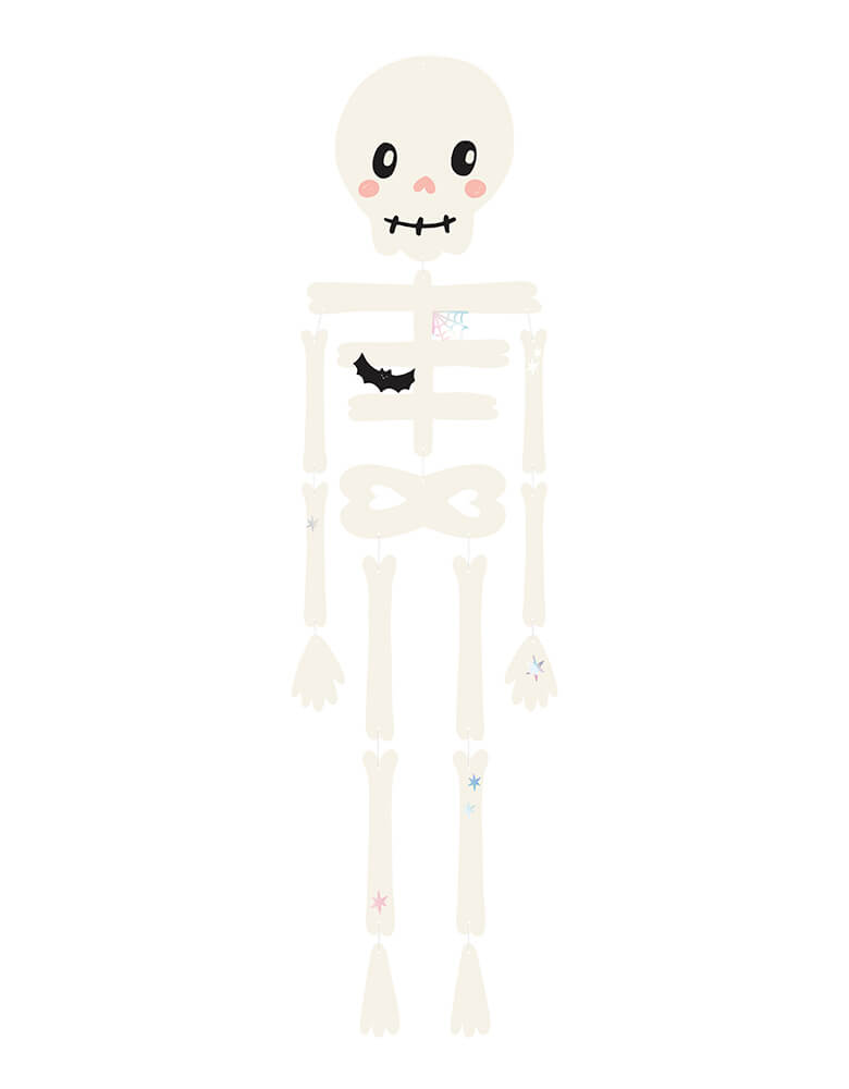 Momo Party's 43" skeleton hanging paper decoration by Party Deco. A perfect head-turner for any room, this cute little skeleton is decked out and ready to hang with its festive décor. Get ready for some spine-chilling good times!
