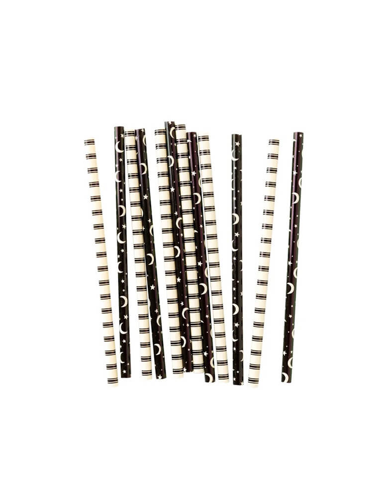 Momo Party's 8" Moons and Stars Reusable Straws by My Mind's Eye. Comes in a set of 12 reusable straws, they're perfect for your witching-hour brew, each straw features a whimsical wizard and plenty of spooky stars. Add them to your Halloween party table this season!