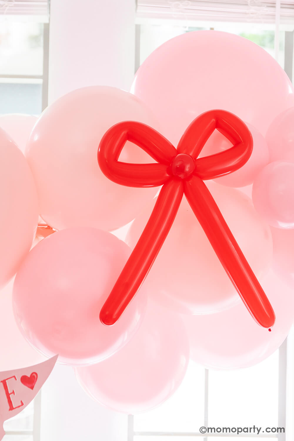 A close up shot of Momo Party's Bow-tiful Valentine's Day Party Box for 8 guests featuring a pink balloon garland with red bow balloons on it, makes it a perfectly adorable party decoration for your Valentine's Day party or Galentine's Day celebration / gathering.