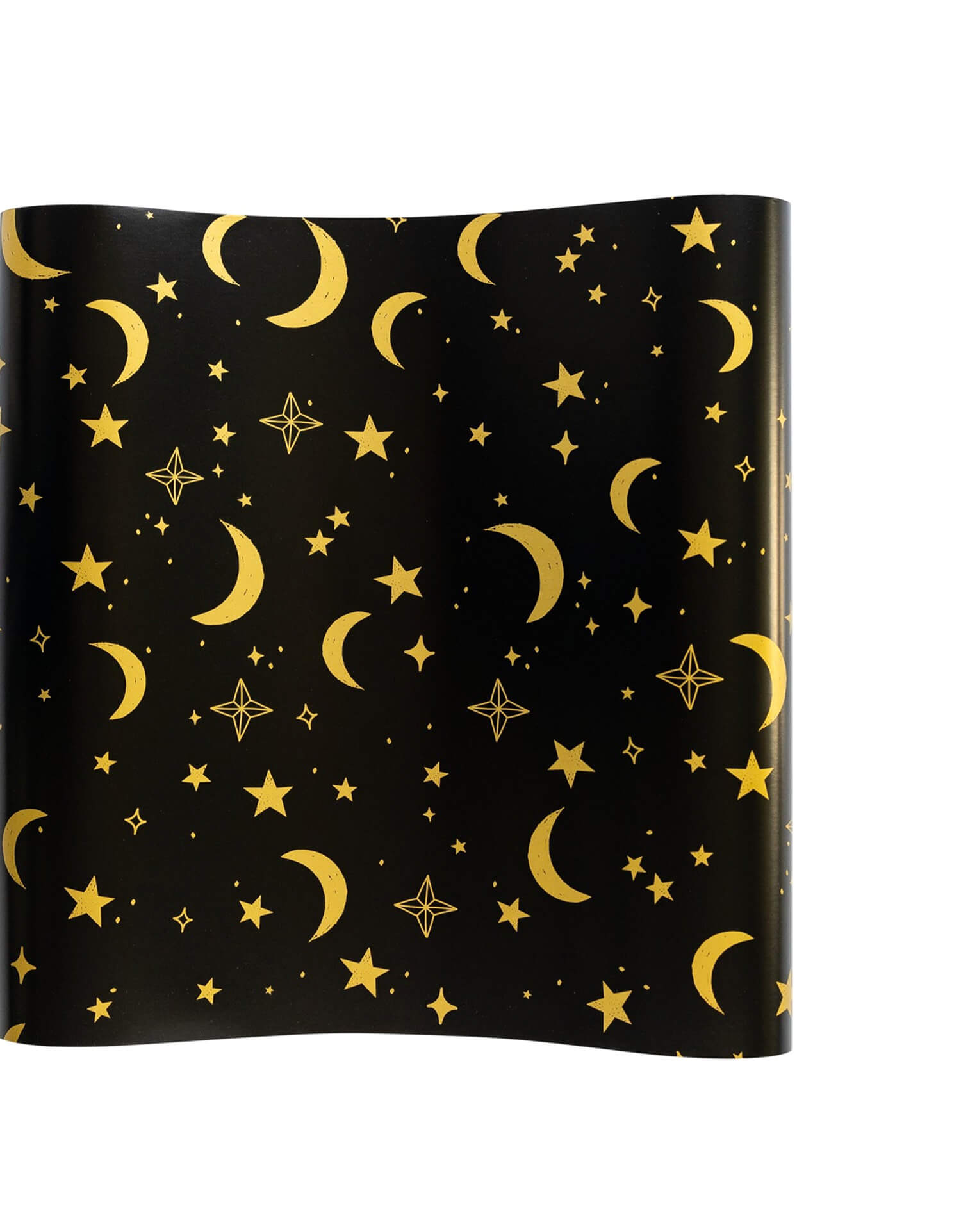 Momo Party's 16 inches x 10 ft Dark Night Sky Paper Table Runner by My Mine's Eye. Combining the timeless beauty of starry night skies with the elegance of gold foil, this runner will add a mystical touch to your decor. Perfect for those looking to bring a unique style to their gatherings. It's perfect for a wizard or witch themed Halloween party or a glamorous New Year's Eve gathering.