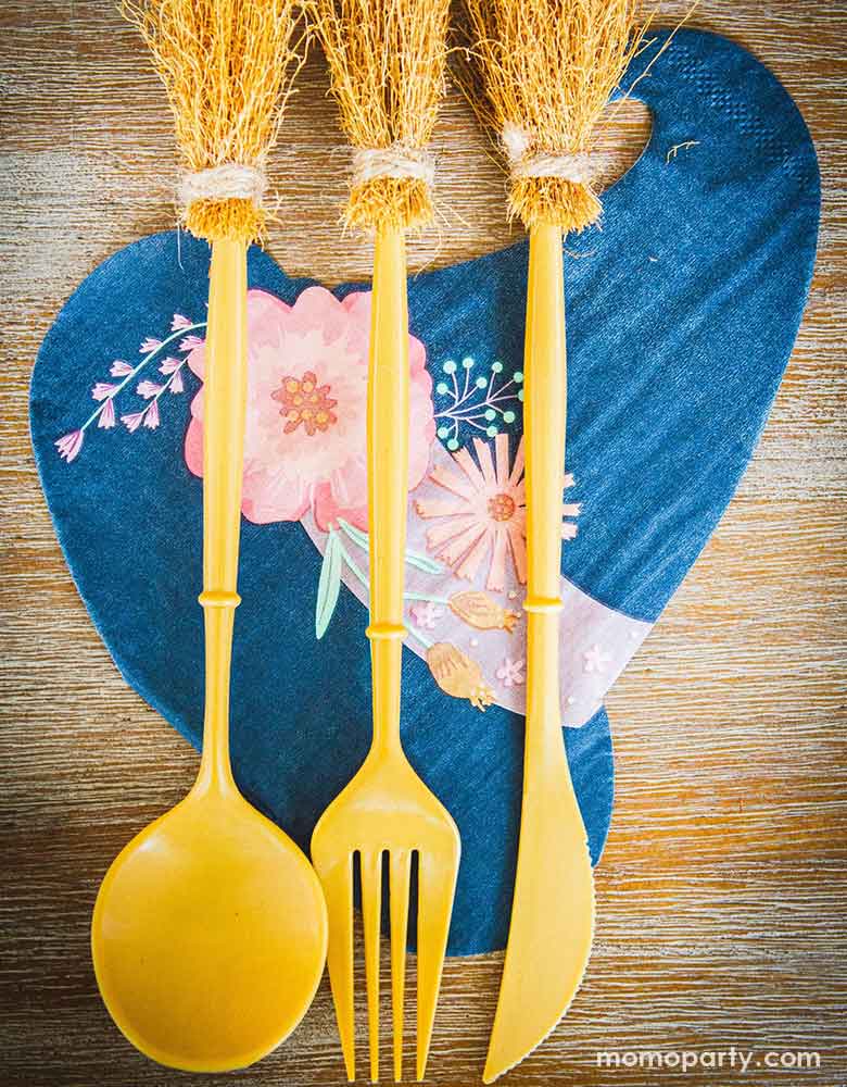 Momo Party's Witch's Broom Cutlery Set and Witch's Hat Shaped Napkins by Ma Fete. Witch’s broom inspired set of disposable cutlery to make tasty Halloween treats even more fun! Perfect for little witches and wizards to enjoy party snacks alongside our matching cups and plates for a truly spooky eating experience!