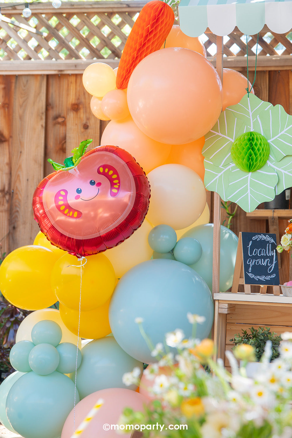 A colorful balloon garland in pastel colors of green, light yellow, peach and blush by Momo Party is attached to a mini market stall at a kid's farmer's market themed party. The balloon garland is decorated with the 22" tomato shaped foil balloon with a smiley face on it, as well as a couple of huge vegetable honeycomb hanging decorations including a lettuce and a carrot. On the mini market stall, there's a small chalkboard with "Locally Grown" on the signage, making this an adorable outdoor set up.