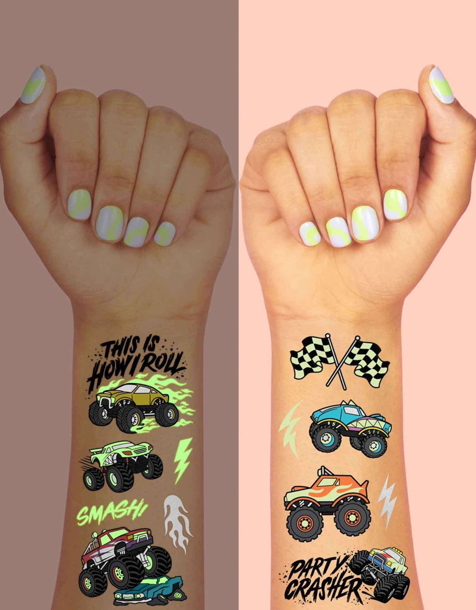 Two arms decorated with Momo Party's 8.25" x 6" Monster Truck Glow in the Dark Kids Temporary Tattoos by xo, fetti. Comes in a set of 50 tattoos, these awesome glow-in-the-dark Monster Truck temporary tattoos are guaranteed to be a wheel good time at your kid's Monster Truck birthday party! 50 designs means nobody gets left behind - invite all of your bffs to crash this party because these tats are sure to be fire!