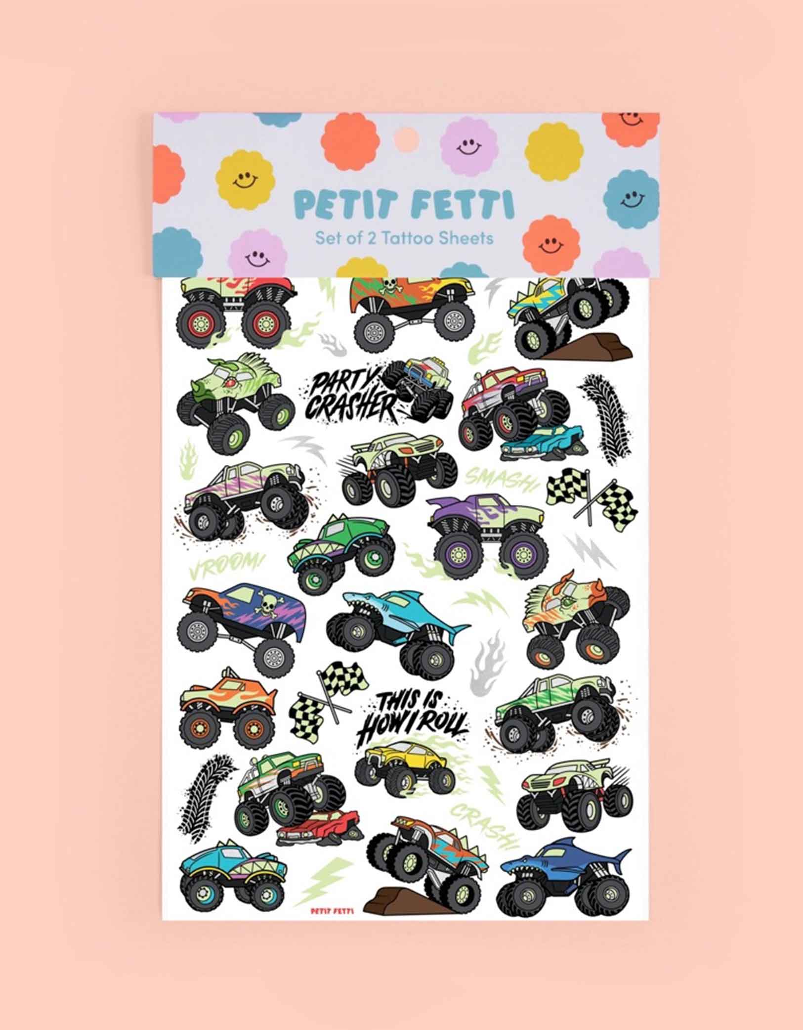 Momo Party's 8.25" x 6" Monster Truck Glow in the Dark Kids Temporary Tattoos by xo, fetti. Comes in a set of 50 tattoos, these awesome glow-in-the-dark Monster Truck temporary tattoos are guaranteed to be a wheel good time at your kid's Monster Truck birthday party! 50 designs means nobody gets left behind - invite all of your bffs to crash this party because these tats are sure to be fire!