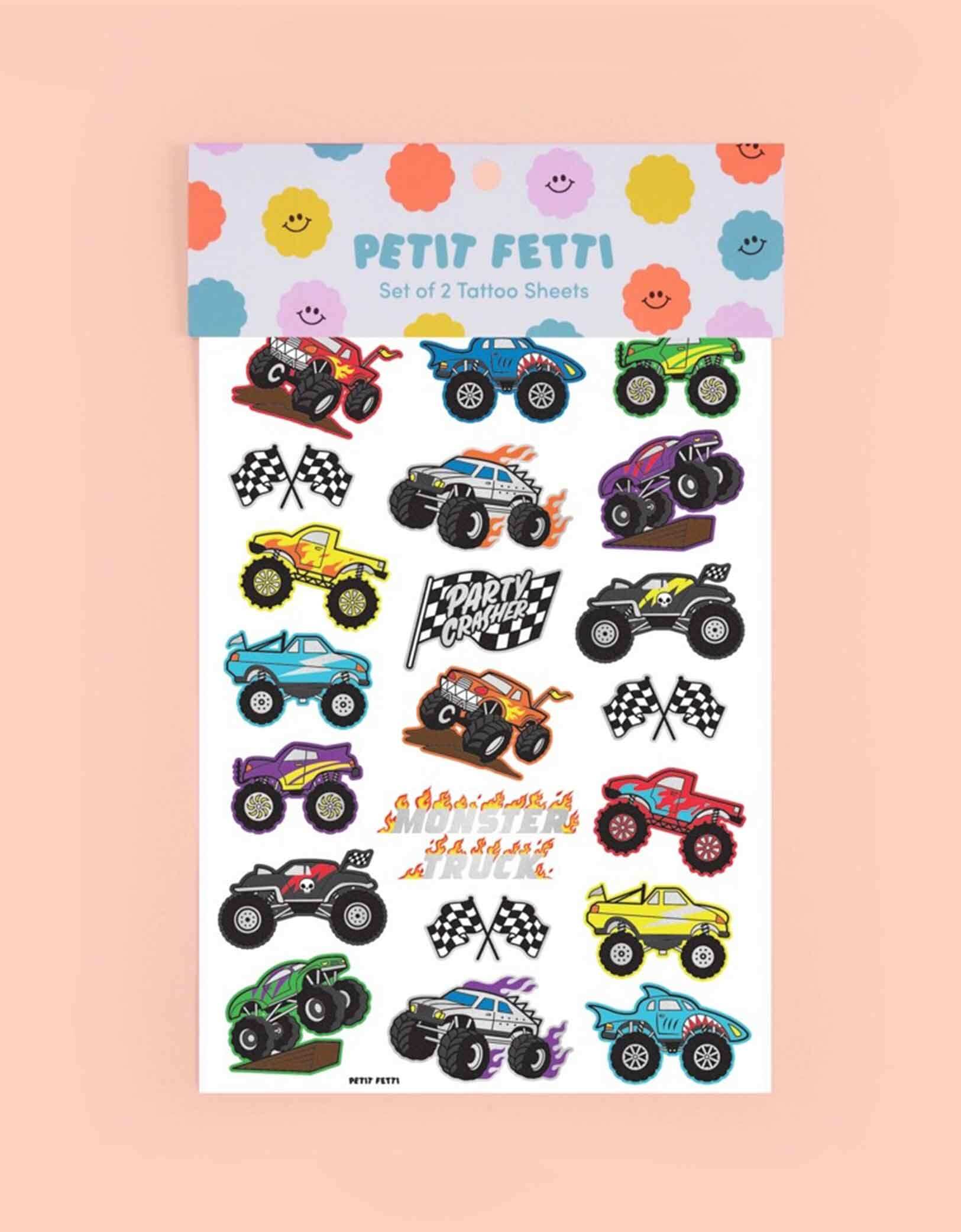 Momo Party's Monster Truck Kids Temporary Tattoos by Xo, Fetti. Comes in a set of 42 silver foiled colorful tattoos, these temporary tattoos are perfect for your kid's monster truck themed birthday party.  Rev your engines, shift your gears, these Monster Truck temporary tattoos are guaranteed to be a wheel good time! 42 designs including various monster trucks, race car flags, and fire flames, invite all of your bffs to crash this monster truck party because these tats are sure to be fire!