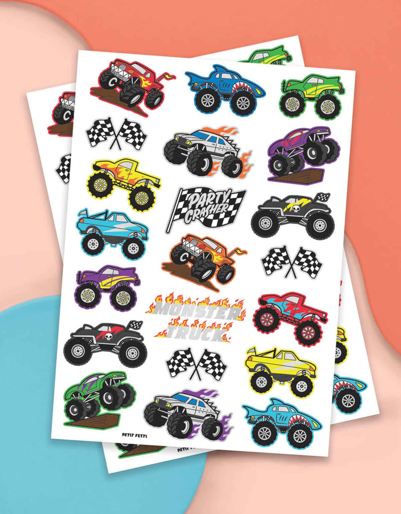 Momo Party's Monster Truck Kids Temporary Tattoos by Xo, Fetti. Comes in a set of 42 silver foiled colorful tattoos, these temporary tattoos are perfect for your kid's monster truck themed birthday party.  Rev your engines, shift your gears, these Monster Truck temporary tattoos are guaranteed to be a wheel good time! 42 designs including various monster trucks, race car flags, and fire flames, invite all of your bffs to crash this monster truck party because these tats are sure to be fire!